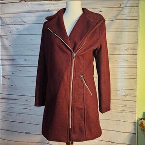Old Navy Moto Pea Burgundy Zip-Up Coat Small Maroon Sherpa Collar